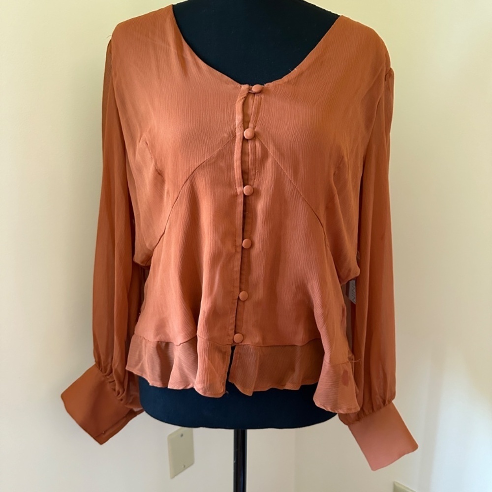 *NINE WEST* Orange Long Sleeve Sheer Button Down Top NWT Size XL